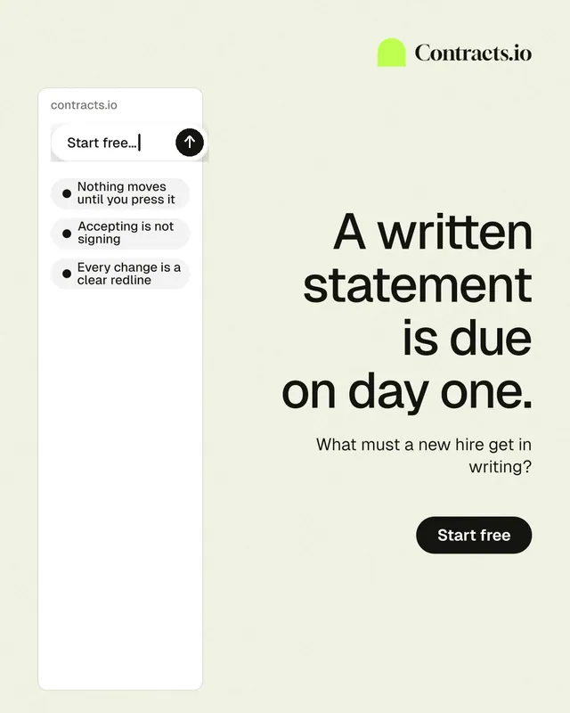 Instagram portrait post for contracts.io: "A written statement is due on day one." Data card style, right layout, light palette in white, grey.