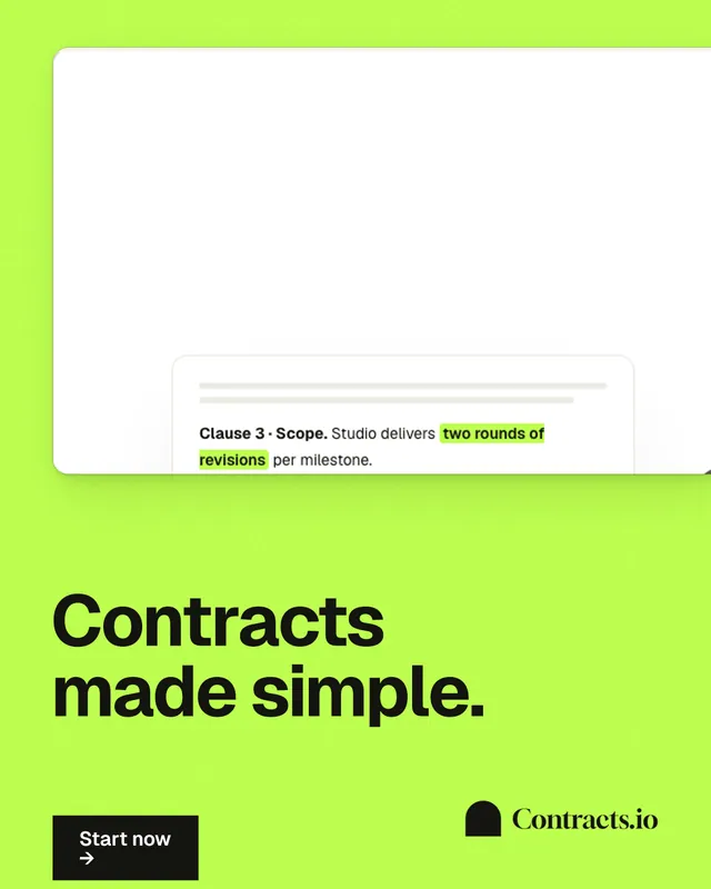 Instagram portrait post for contracts.io: "Contracts made simple." Swiss style, bottom layout, light palette in green, white.