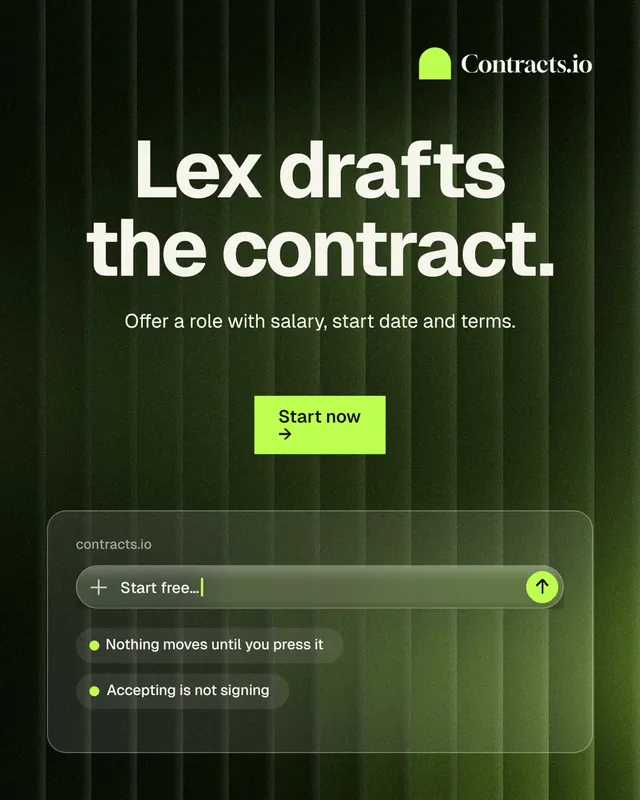 Instagram portrait post for contracts.io: "Lex drafts the contract." Swiss style, centred layout, dark palette in black, green.