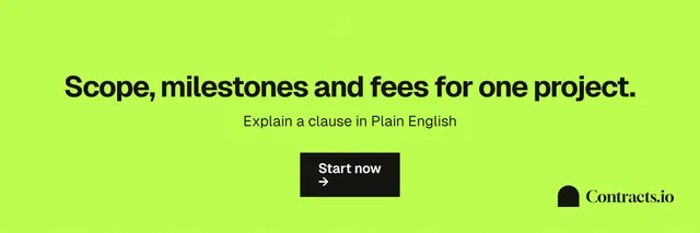 X header for contracts.io: "Scope, milestones and fees for one project." Swiss style, centred layout, light palette in green.