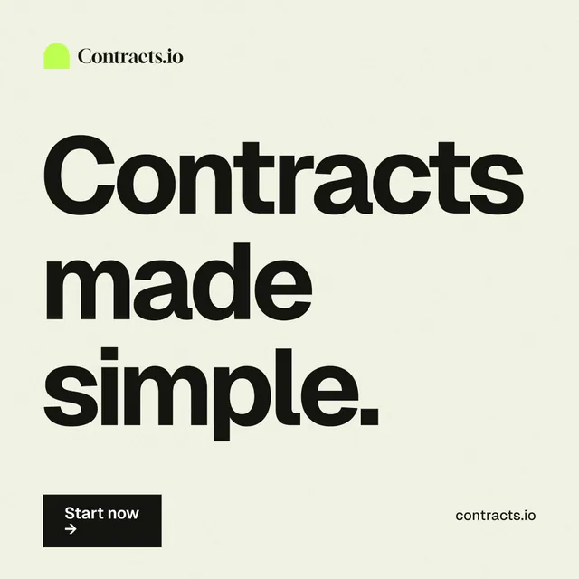 Instagram post for contracts.io: "Contracts made simple." Swiss style, poster layout, light palette in white, grey.
