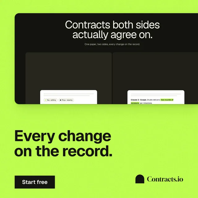 Instagram post for contracts.io: "Every change on the record." Swiss style, bottom layout, light palette in green, black.