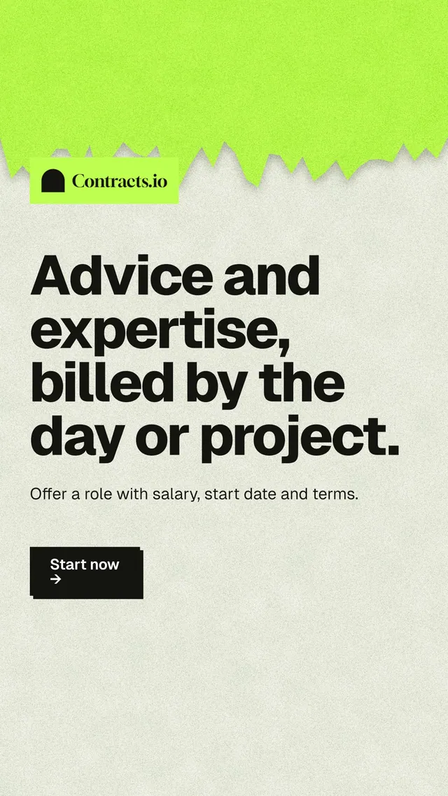 Instagram story for contracts.io: "Advice and expertise, billed by the day or project." Paper trio style, announce layout, light palette in green, yellow, grey.
