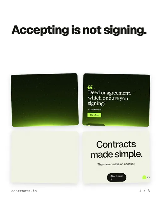 Carousel for contracts.io: "Accepting is not signing.". Collection carousel, 8 slides, light palette.
