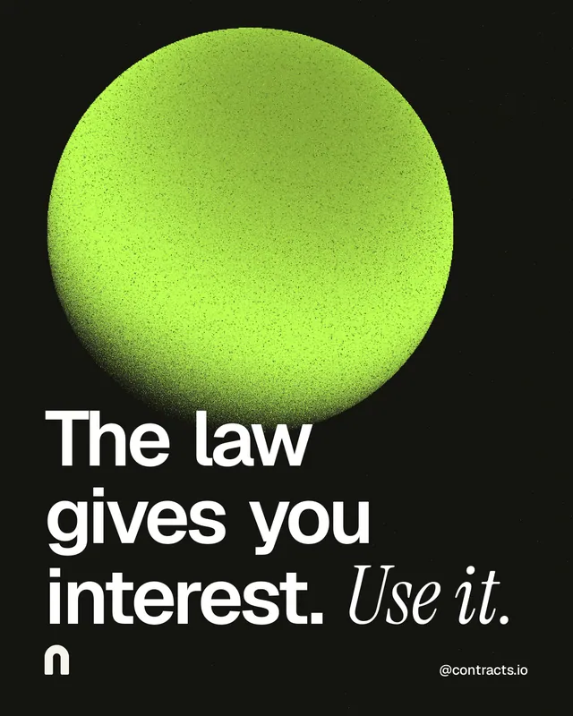 Instagram portrait post for contracts.io: "The law gives you interest. Use it." Auto 4x5 style, technique:shader field layout, dark palette in black, green.