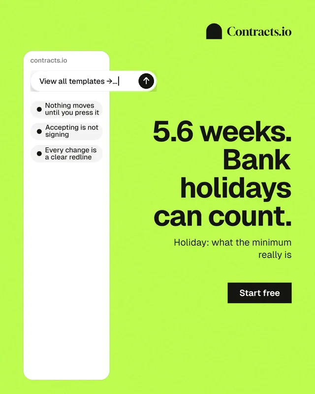 Instagram portrait post for contracts.io: "5.6 weeks. Bank holidays can count." Swiss style, right layout, light palette in green.