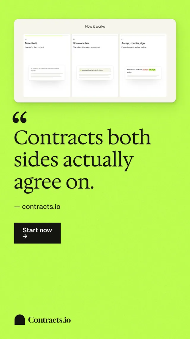 Instagram story for contracts.io: "Contracts both sides actually agree on." Swiss style, quote layout, light palette in green.