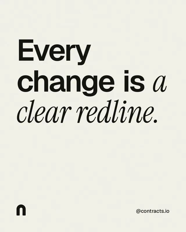 Instagram portrait post for contracts.io: "Every change is a clear redline." Editorial style, technique:mixed type lockup layout, light palette in white, grey.