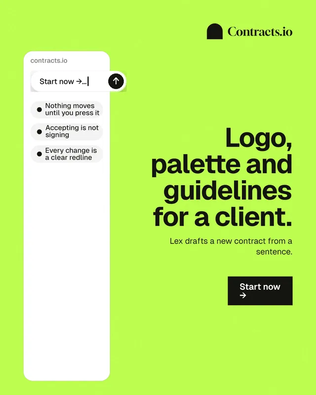 Instagram portrait post for contracts.io: "Logo, palette and guidelines for a client." Swiss style, right layout, light palette in green, white.