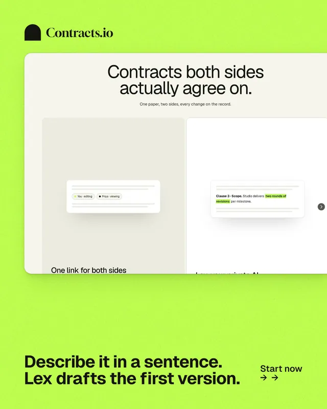 Instagram portrait post for contracts.io: "Describe it in a sentence. Lex drafts the first version." Swiss style, image led layout, light palette in green.