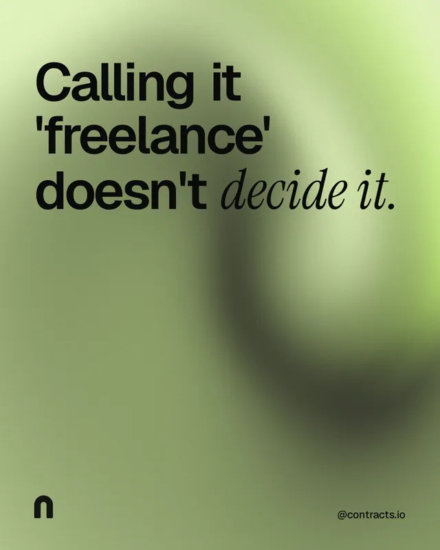 Instagram portrait post for contracts.io: "Calling it 'freelance' doesn't decide it." Auto 4x5 style, technique:shader field layout, light palette in green, grey.