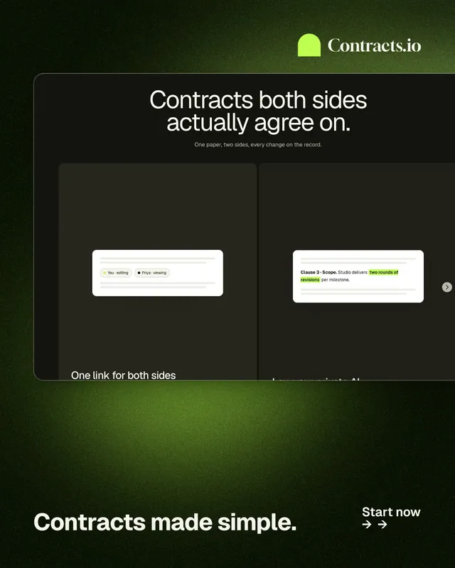 Instagram portrait post for contracts.io: "Contracts made simple." Swiss style, image led layout, dark palette in green, black, grey.