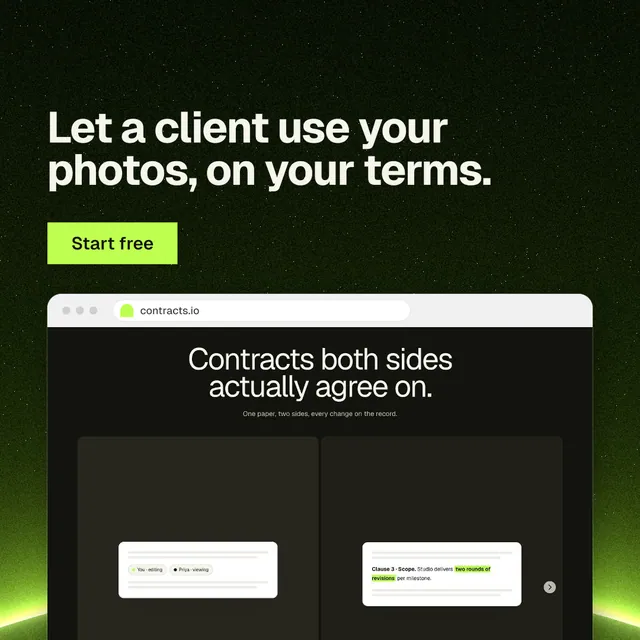 Instagram post for contracts.io: "Let a client use your photos, on your terms." Swiss style, browser layout, dark palette in black, grey.