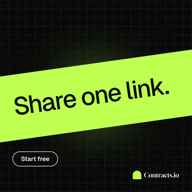 Instagram post for contracts.io: "Share one link." Phosphor atlas style, diagonal layout, dark palette in green, black.