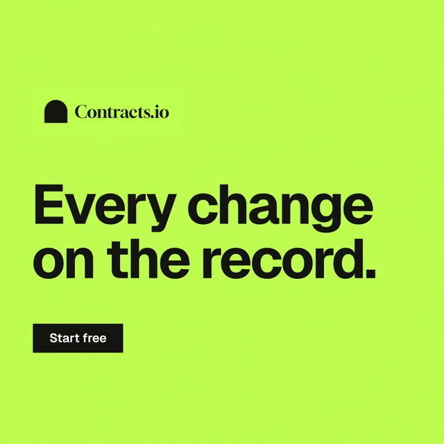 Instagram post for contracts.io: "Every change on the record." Swiss style, announce layout, light palette in green.