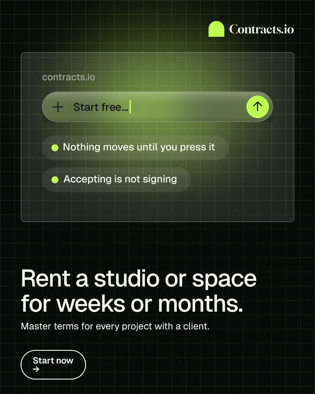 Instagram portrait post for contracts.io: "Rent a studio or space for weeks or months." Phosphor atlas style, bottom layout, dark palette in black, green.