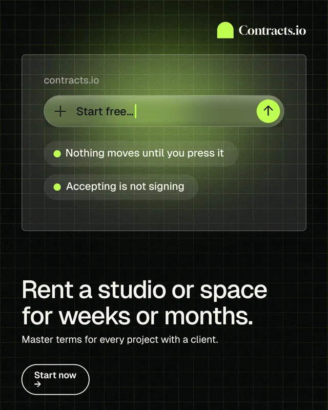 Instagram portrait post for contracts.io: "Rent a studio or space for weeks or months." Phosphor atlas style, bottom layout, dark palette in black, green.