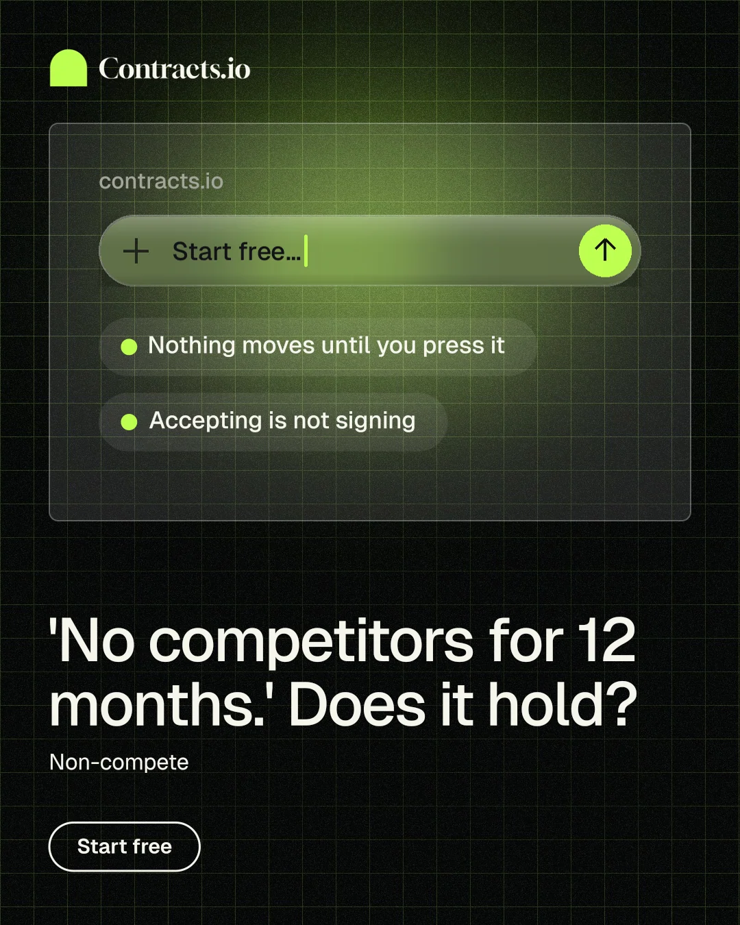 Instagram portrait post for contracts.io: "'No competitors for 12 months.' Does it hold?" Phosphor atlas style, bottom layout, dark palette in black, grey, green.