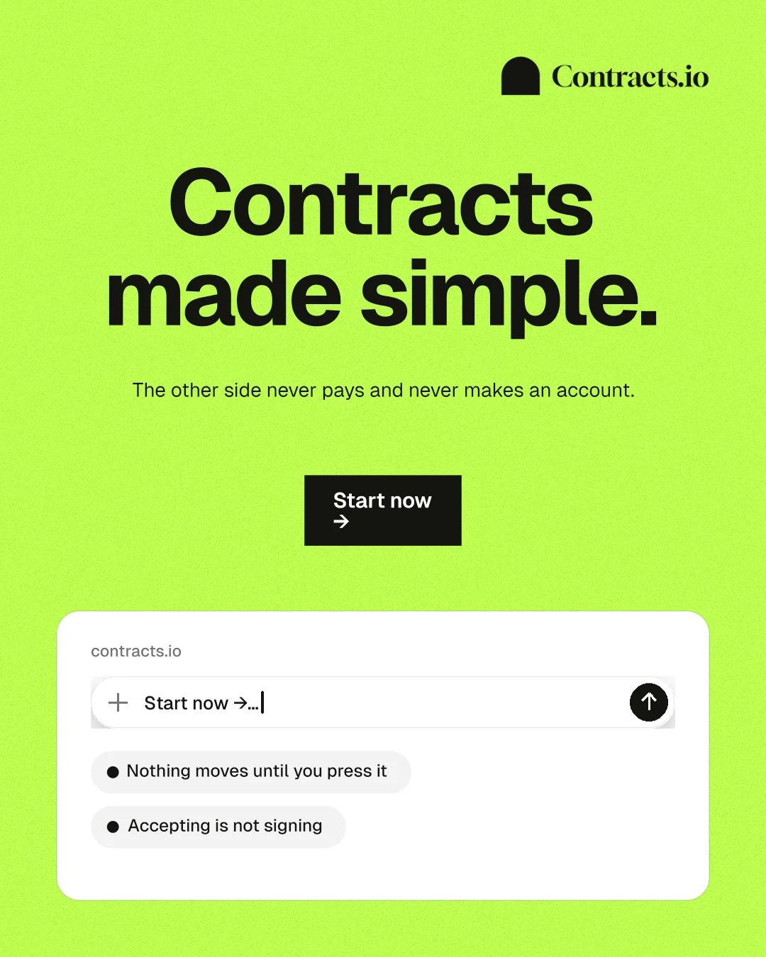 Instagram portrait post for contracts.io: "Contracts made simple." Swiss style, centred layout, light palette in green, white.