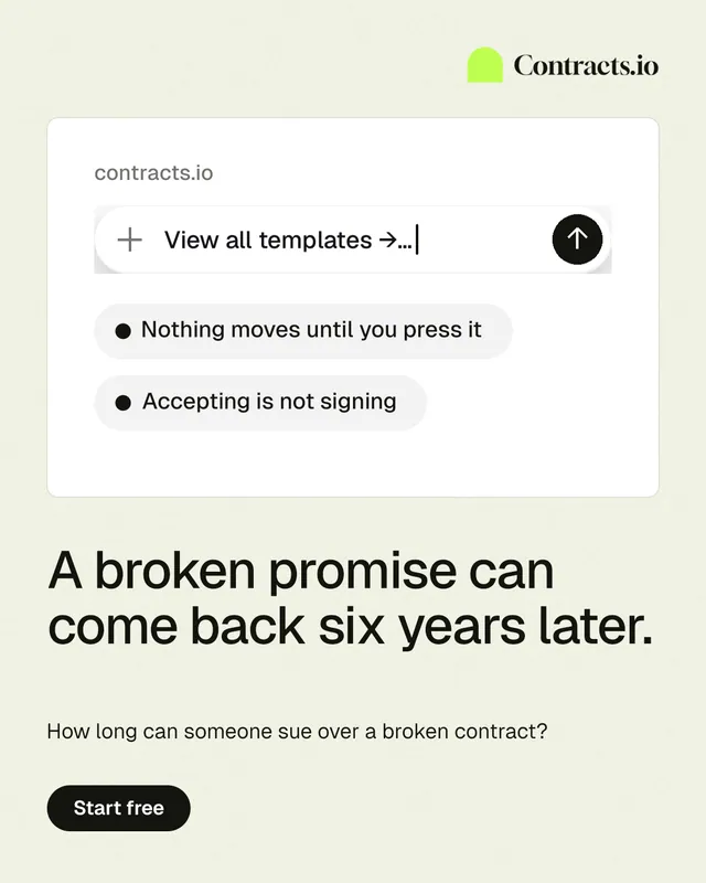 Instagram portrait post for contracts.io: "A broken promise can come back six years later." Data card style, bottom layout, light palette in white, grey.