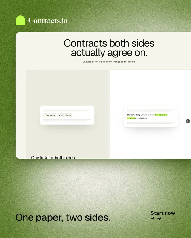 Instagram portrait post for contracts.io: "One paper, two sides." Cyanotype style, image led layout, light palette in white, yellow, green.