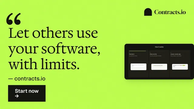 Landscape graphic for contracts.io: "Let others use your software, with limits." Swiss style, quote layout, light palette in green.