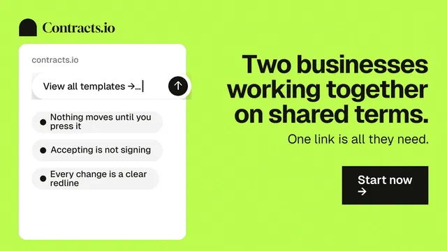 Landscape graphic for contracts.io: "Two businesses working together on shared terms." Swiss style, right layout, light palette in green.