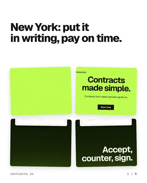Carousel for contracts.io: "New York: put it in writing, pay on time.". Collection carousel, 8 slides, light palette.