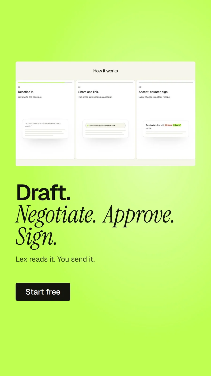 Video for contracts.io: "Draft. Negotiate. Approve. Sign.". Doc motion loop, 6.0 s, light palette.