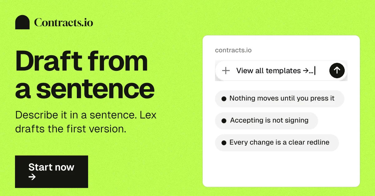 Social ad for contracts.io: "Draft from a sentence". Swiss style, bottom layout, light palette in green.