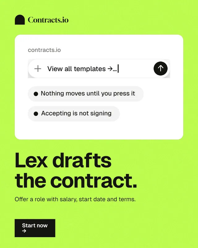 Instagram portrait post for contracts.io: "Lex drafts the contract." Swiss style, bottom layout, light palette in green, white.