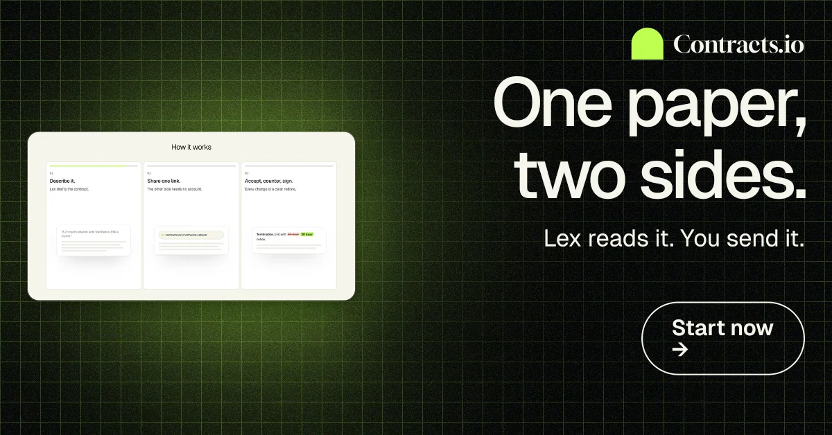 Social ad for contracts.io: "One paper, two sides." Phosphor atlas style, right layout, dark palette in green, black, grey.