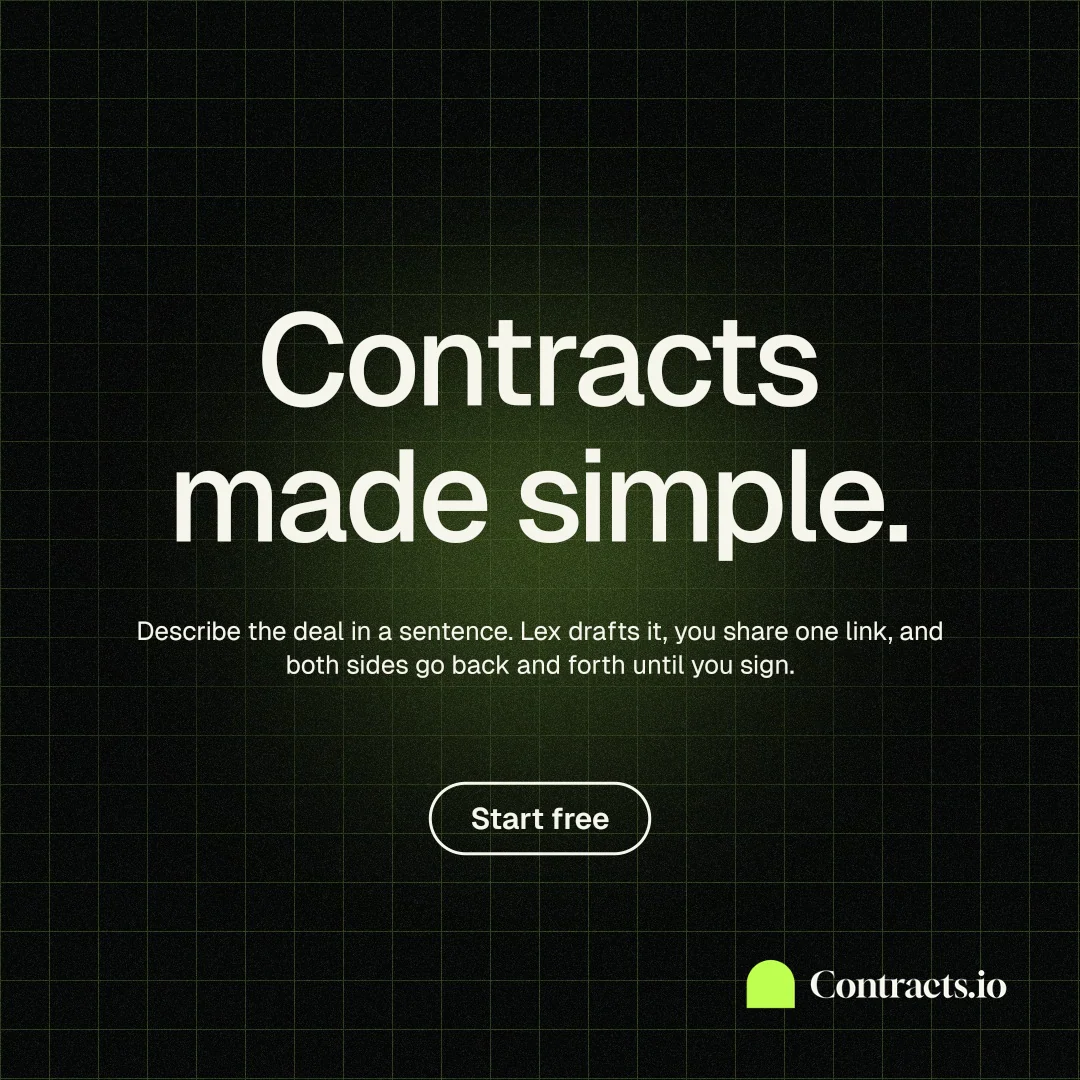 Instagram post for contracts.io: "Contracts made simple." Phosphor atlas style, centred layout, dark palette in black.