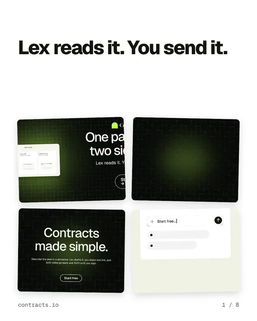 Carousel for contracts.io: "Lex reads it. You send it.". Collection carousel, 8 slides, light palette.