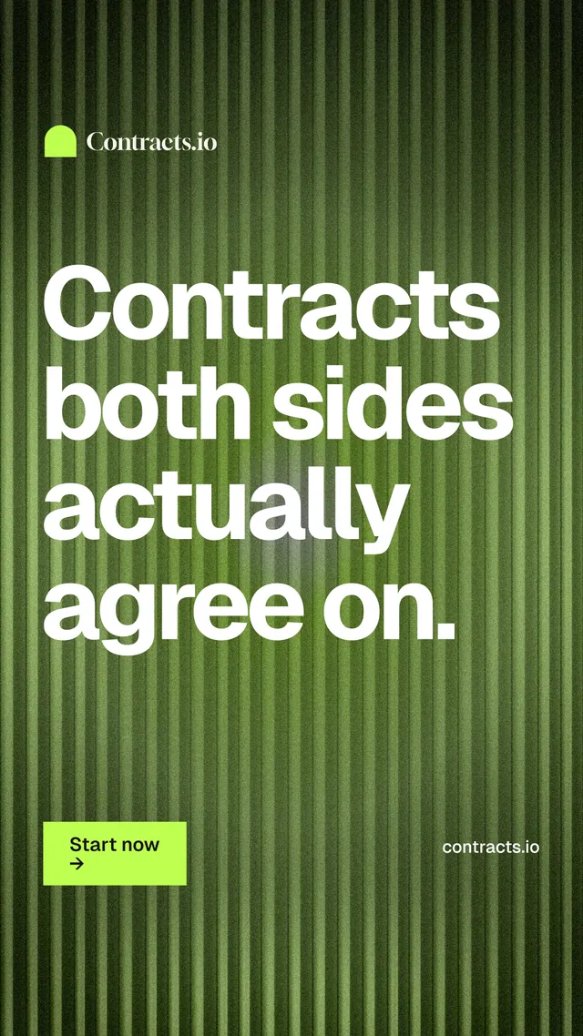 Instagram story for contracts.io: "Contracts both sides actually agree on." Swiss style, poster layout, dark palette in green.