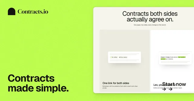 Social ad for contracts.io: "Contracts made simple." Swiss style, image led layout, light palette in green.