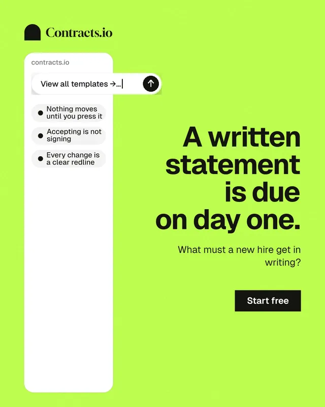 Instagram portrait post for contracts.io: "A written statement is due on day one." Swiss style, right layout, light palette in green, white.