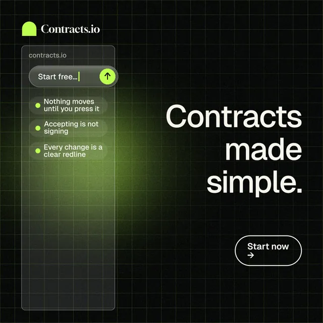 Instagram post for contracts.io: "Contracts made simple." Phosphor atlas style, right layout, dark palette in black, grey.