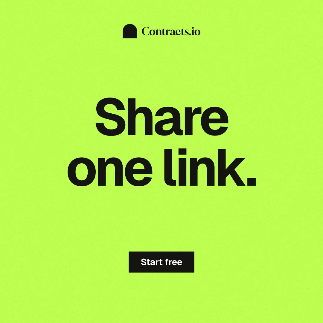 Instagram post for contracts.io: "Share one link." Swiss style, centred layout, light palette in green.
