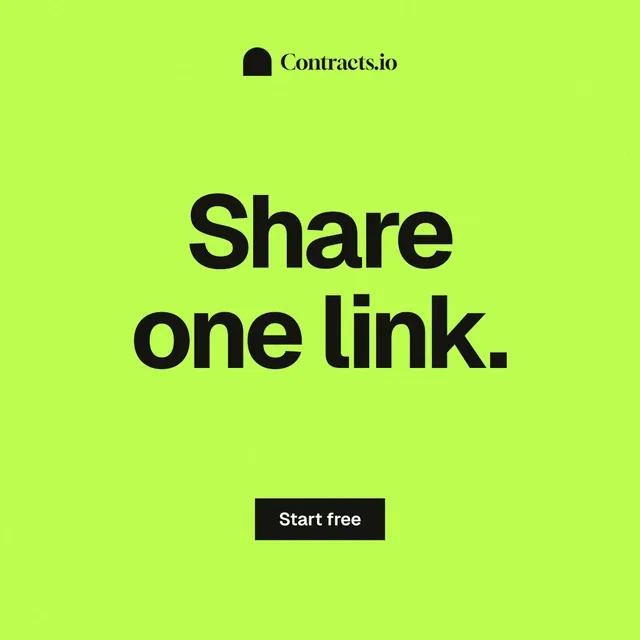 Instagram post for contracts.io: "Share one link." Swiss style, centred layout, light palette in green.