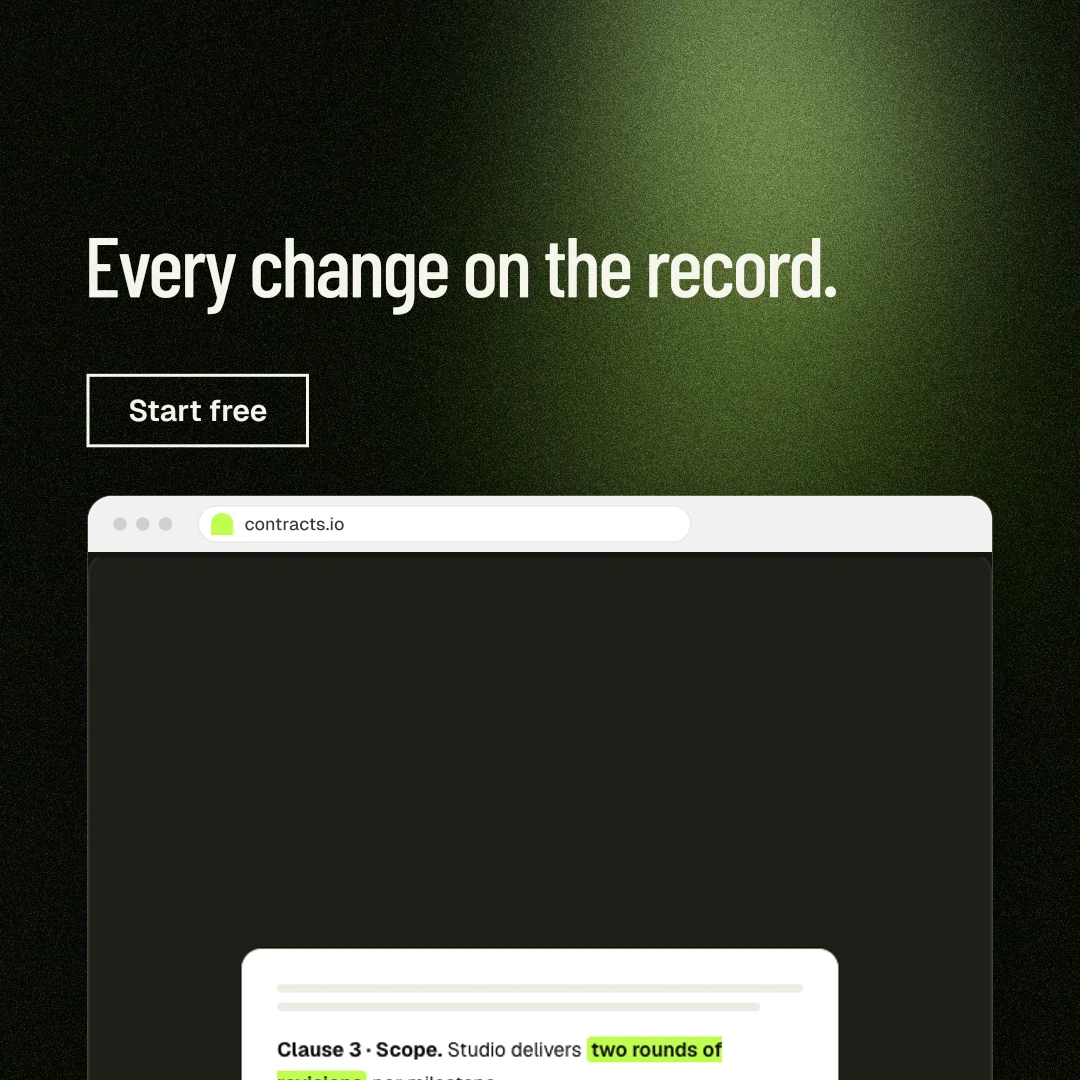 Instagram post for contracts.io: "Every change on the record." Dark deco style, browser layout, dark palette in black, green, grey.
