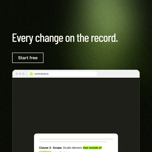 Instagram post for contracts.io: "Every change on the record." Dark deco style, browser layout, dark palette in black, green, grey.