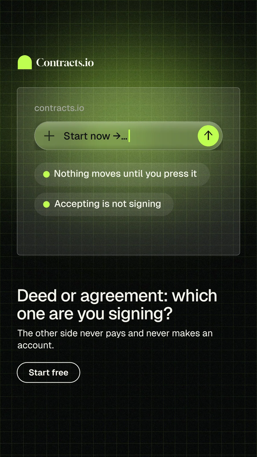 Instagram story for contracts.io: "Deed or agreement: which one are you signing?" Phosphor atlas style, bottom layout, dark palette in green, black.