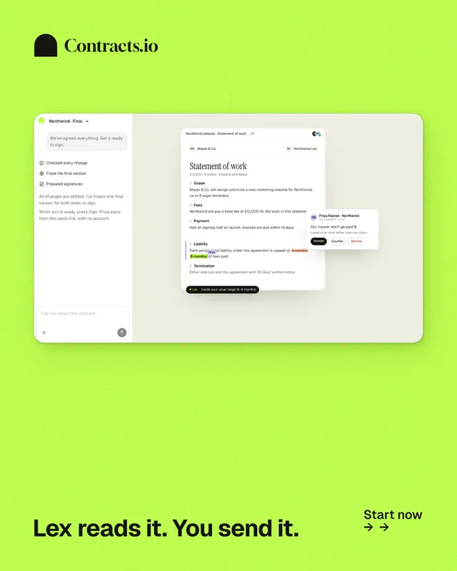 Instagram portrait post for contracts.io: "Lex reads it. You send it." Swiss style, image led layout, light palette in green.