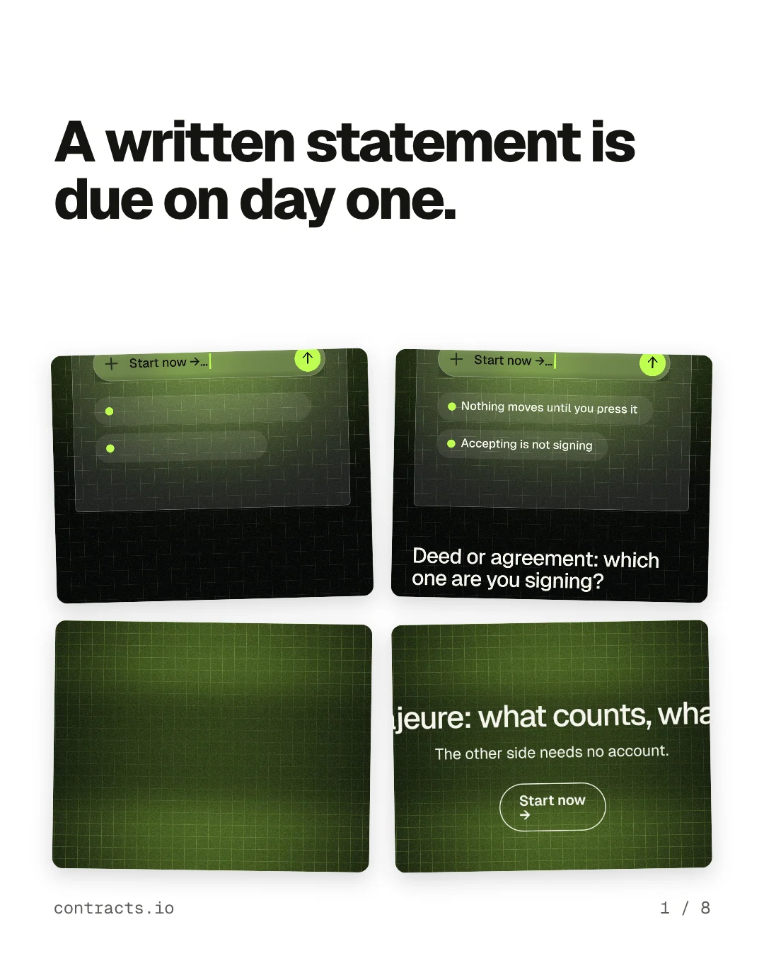 Carousel for contracts.io: "A written statement is due on day one.". Collection carousel, 8 slides, light palette.
