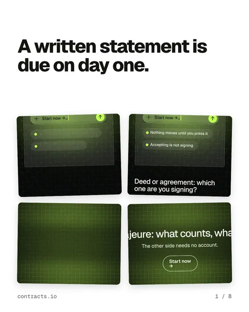 Carousel for contracts.io: "A written statement is due on day one.". Collection carousel, 8 slides, light palette.
