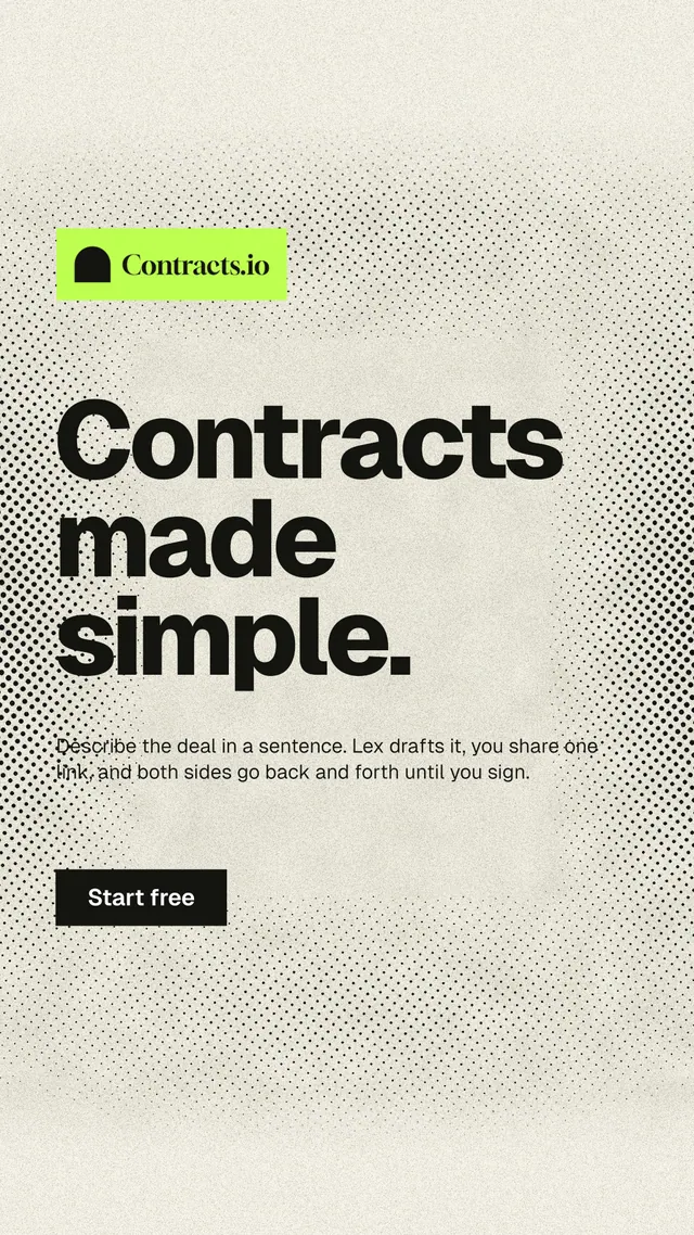 Instagram story for contracts.io: "Contracts made simple." Ink sticker style, announce layout, light palette in white, yellow, grey.