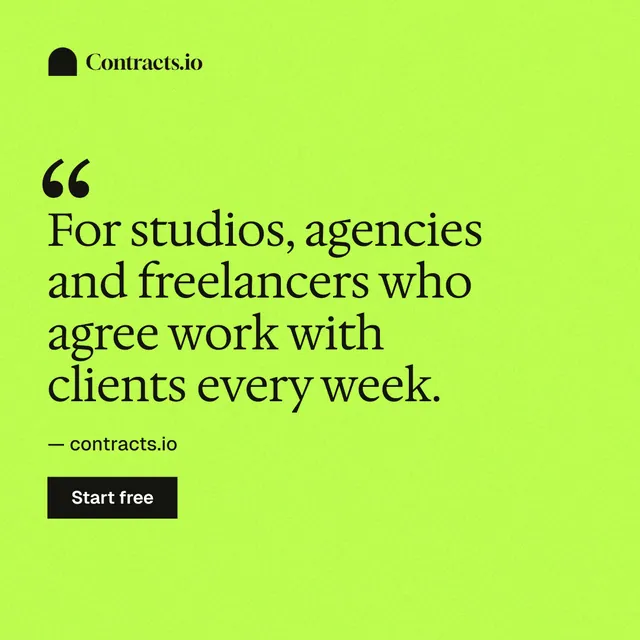 Instagram post for contracts.io: "For studios, agencies and freelancers who agree work with clients every week." Swiss style, quote layout, light palette in green.