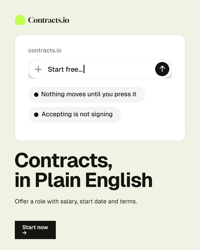 Instagram portrait post for contracts.io: "Contracts, in Plain English". Swiss style, bottom layout, light palette in white, grey.