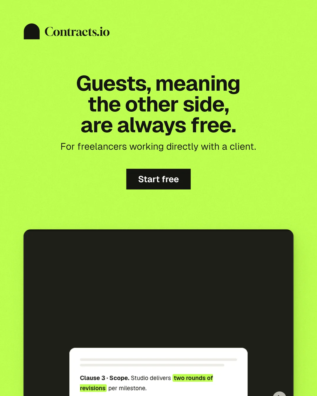Instagram portrait post for contracts.io: "Guests, meaning the other side, are always free." Swiss style, centred layout, light palette in green, black.